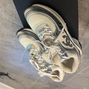 CHANEL Ivory and Metallic Sneakers
